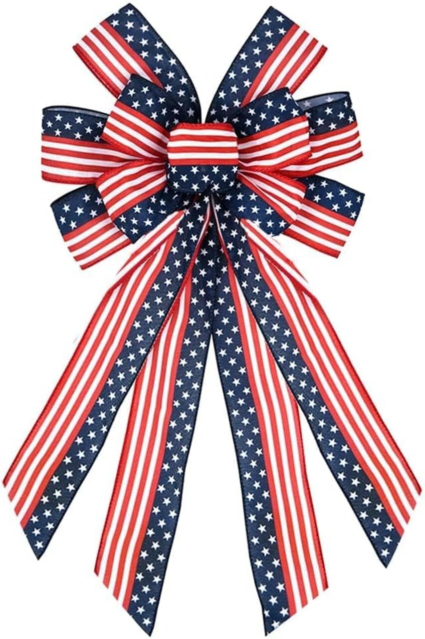 Large Patriotic Veterans Day Bows – Red & Blue Burlap Ribbon with American Flag Stars for Wreaths, Memorial Day, Front Door, and Tree Decorations